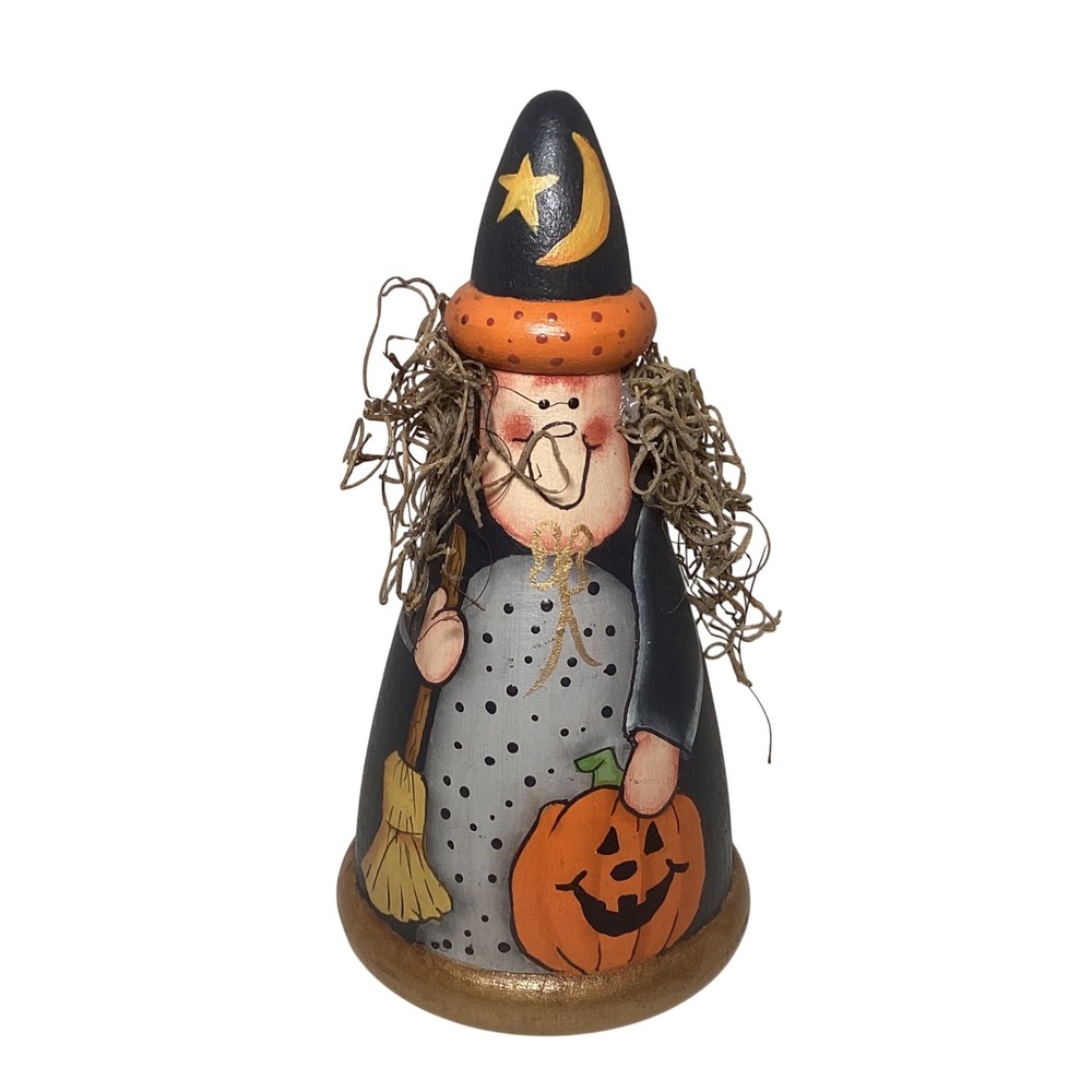 Vintage 1992 Lesa Hand Painted Wood Witch Figurine Halloween Folk Art 7" Inch